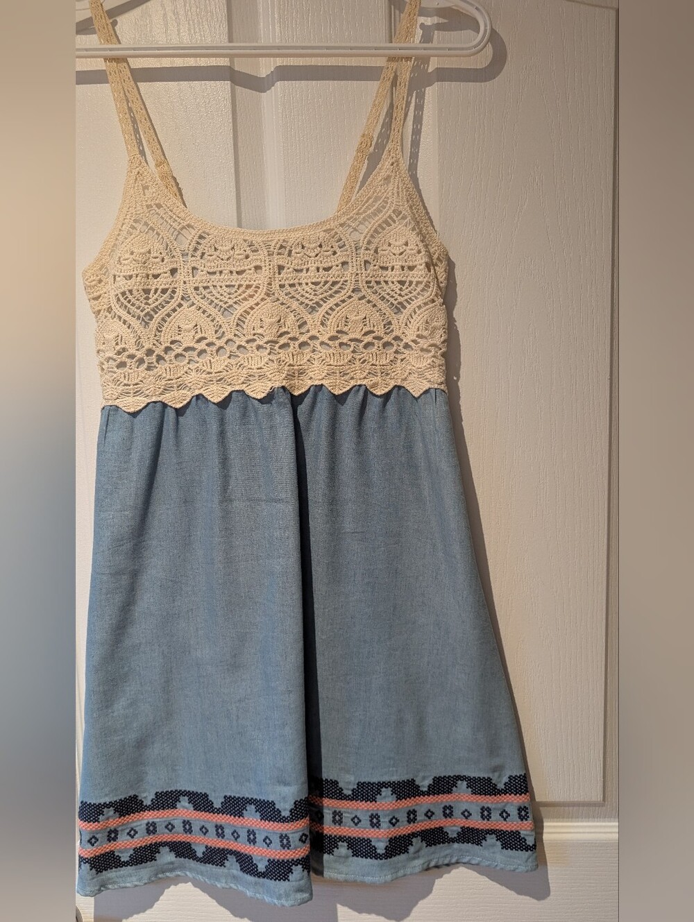 Cute Boho Mini Dress with Cream Crochet Top And Embroidered Hemline